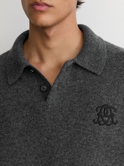Reiss Charcoal Grey Seth Monogram Wool Relaxed-Fit Polo Jumper - Image 5 of 7