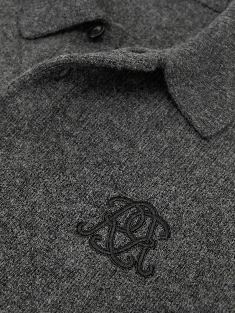 Reiss Charcoal Grey Seth Monogram Wool Relaxed-Fit Polo Jumper - Image 7 of 7 Reiss Charcoal Grey Seth Monogram Wool Relaxed-Fit Polo Jumper - Image 7 of 7