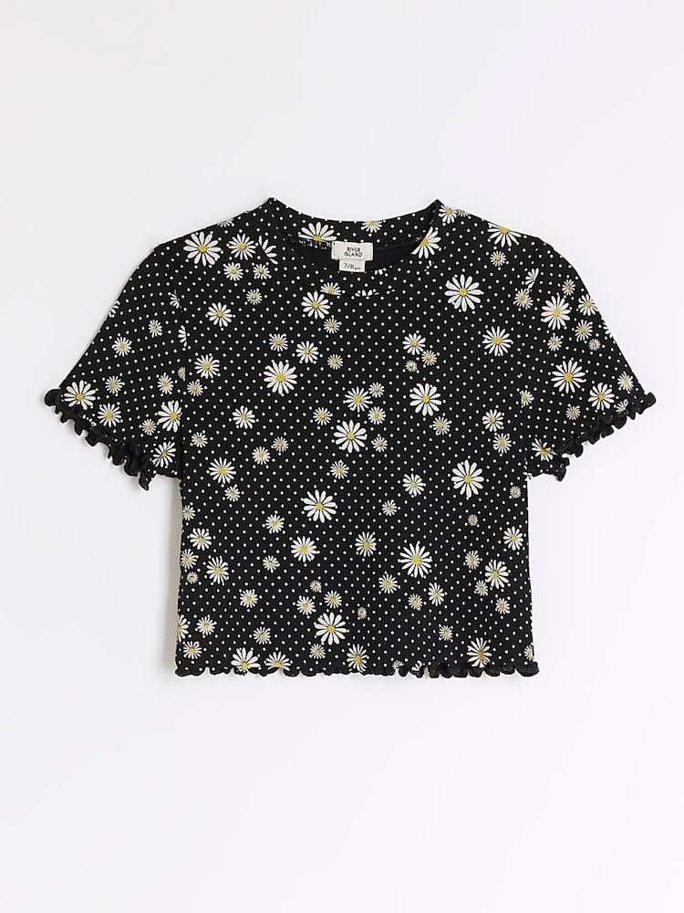 River Island Black Girls Lettuce Hem Rib Top - Image 1 of 4