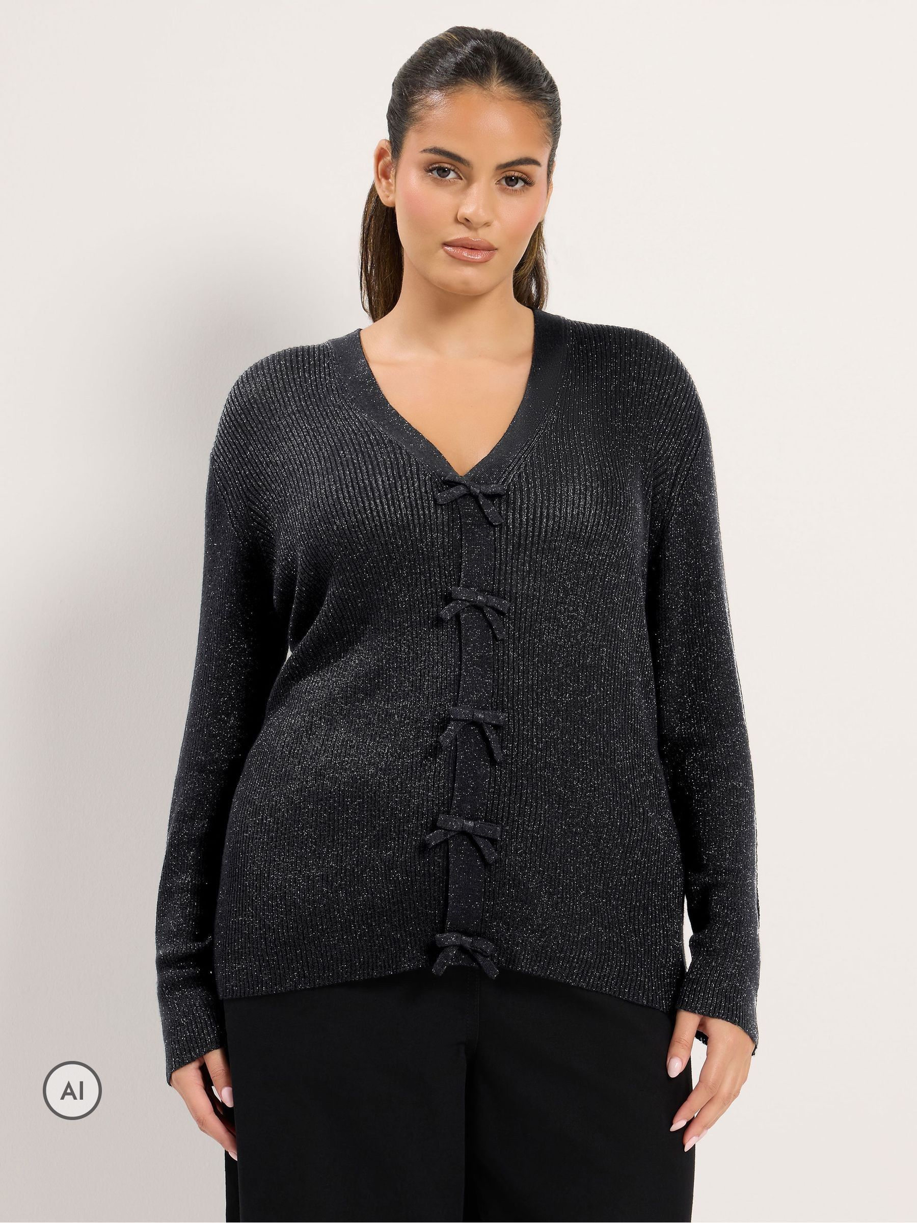 Yours Women's Metallic Bow Cardigan Sweater in Black | Size: 30-32 - Image 2