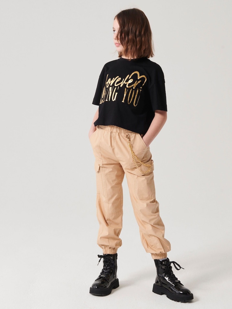 River Island Brown Girls Trim Detail Cargo Trousers - Image 1 of 3 River Island Brown Girls Trim Detail Cargo Trousers - Image 1 of 3