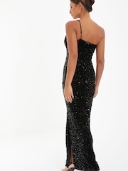 Quiz Black Sequin Maxi Dress With Asymetric Keyhole Neck Detail - Image 2 of 4