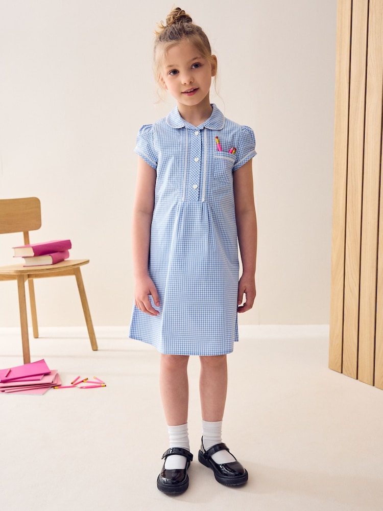 Blue Cotton Rich Button Front Lace Gingham School Dress (3-14yrs) - Image 1 of 8