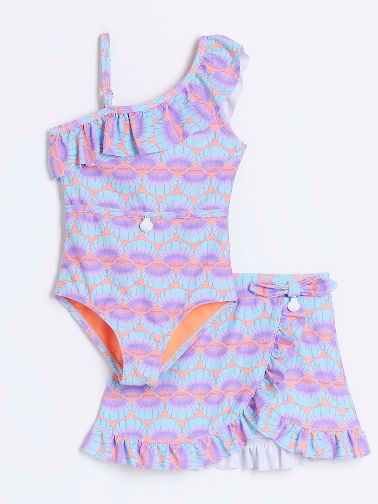 River Island Pink Girls Shell Print Swimsuit Set - Image 1 of 5 River Island Pink Girls Shell Print Swimsuit Set - Image 1 of 5
