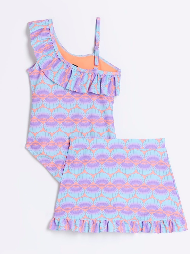 River Island Pink Girls Shell Print Swimsuit Set - Image 2 of 5 River Island Pink Girls Shell Print Swimsuit Set - Image 2 of 5