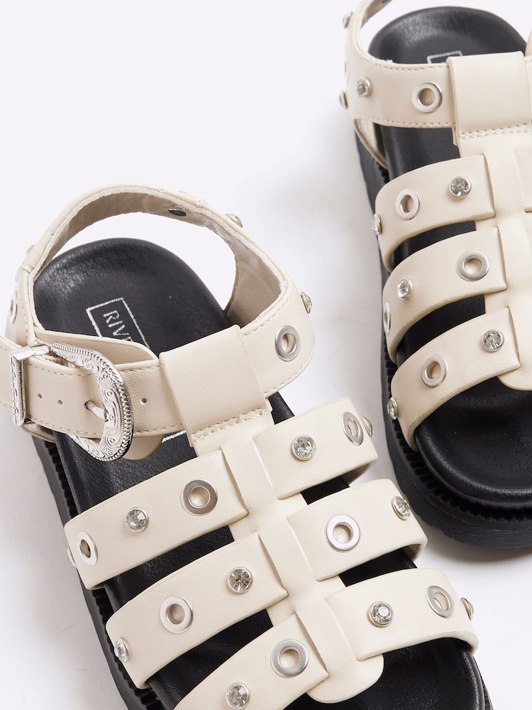 River Island Cream Girls Studded Gladiator Sandals - Image 2 of 4 River Island Cream Girls Studded Gladiator Sandals - Image 2 of 4