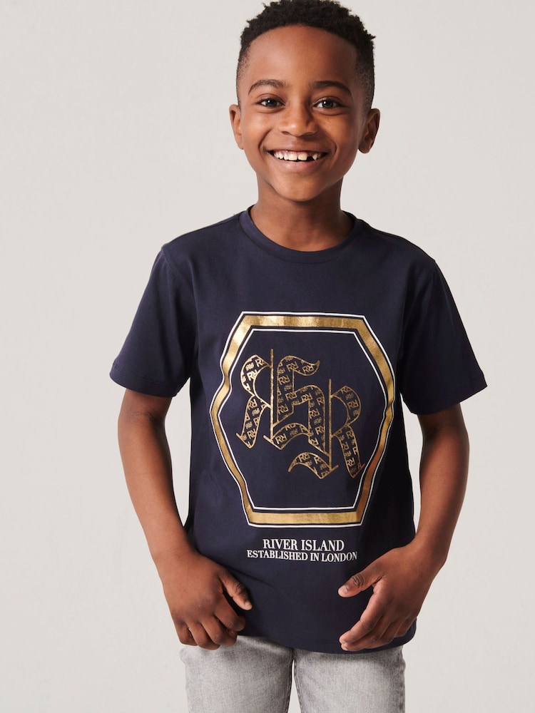 River Island Blue Boys Monogram RR T-Shirt - Image 1 of 4