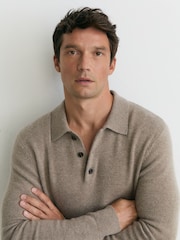 Reiss Taupe Melange Daunton 100% Cashmere Half-Button Polo Jumper - Image 4 of 6