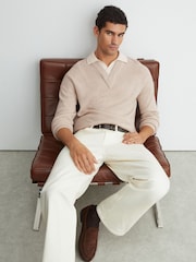 Reiss Oatmeal Corey Wool V-Neck Contrast-Collar Jumper - Image 1 of 6