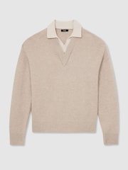 Reiss Oatmeal Corey Wool V-Neck Contrast-Collar Jumper - Image 2 of 6