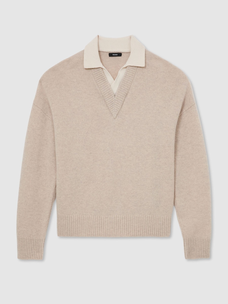 Reiss Oatmeal Corey Wool V-Neck Contrast-Collar Jumper - Image 2 of 6