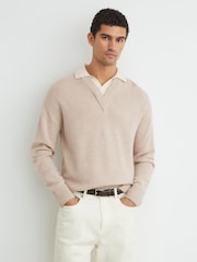 Reiss Oatmeal Corey Wool V-Neck Contrast-Collar Jumper - Image 3 of 6