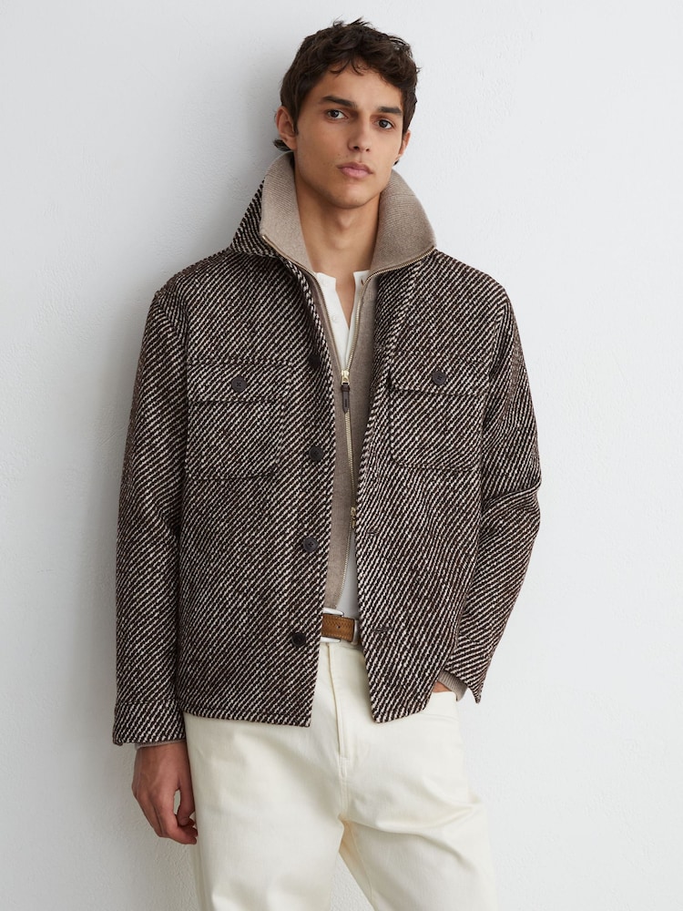 Reiss Dark Brown Clifton Wool-Blend Brushed Twill Overshirt - Image 1 of 8 Reiss Dark Brown Clifton Wool-Blend Brushed Twill Overshirt - Image 1 of 8