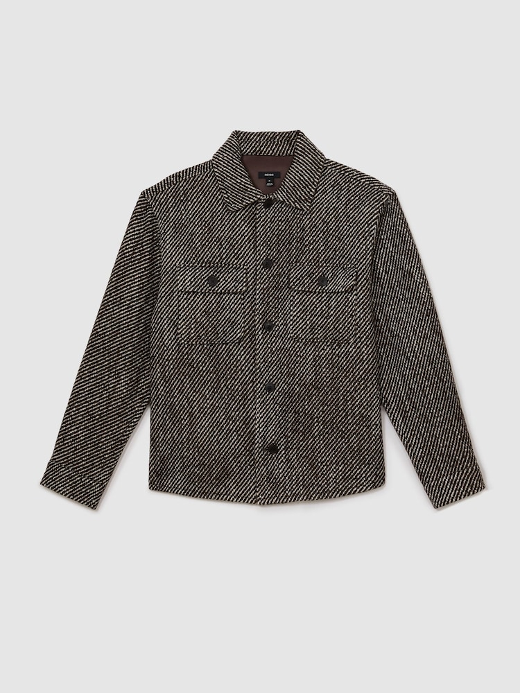 Reiss Dark Brown Clifton Wool-Blend Brushed Twill Overshirt - Image 2 of 8 Reiss Dark Brown Clifton Wool-Blend Brushed Twill Overshirt - Image 2 of 8