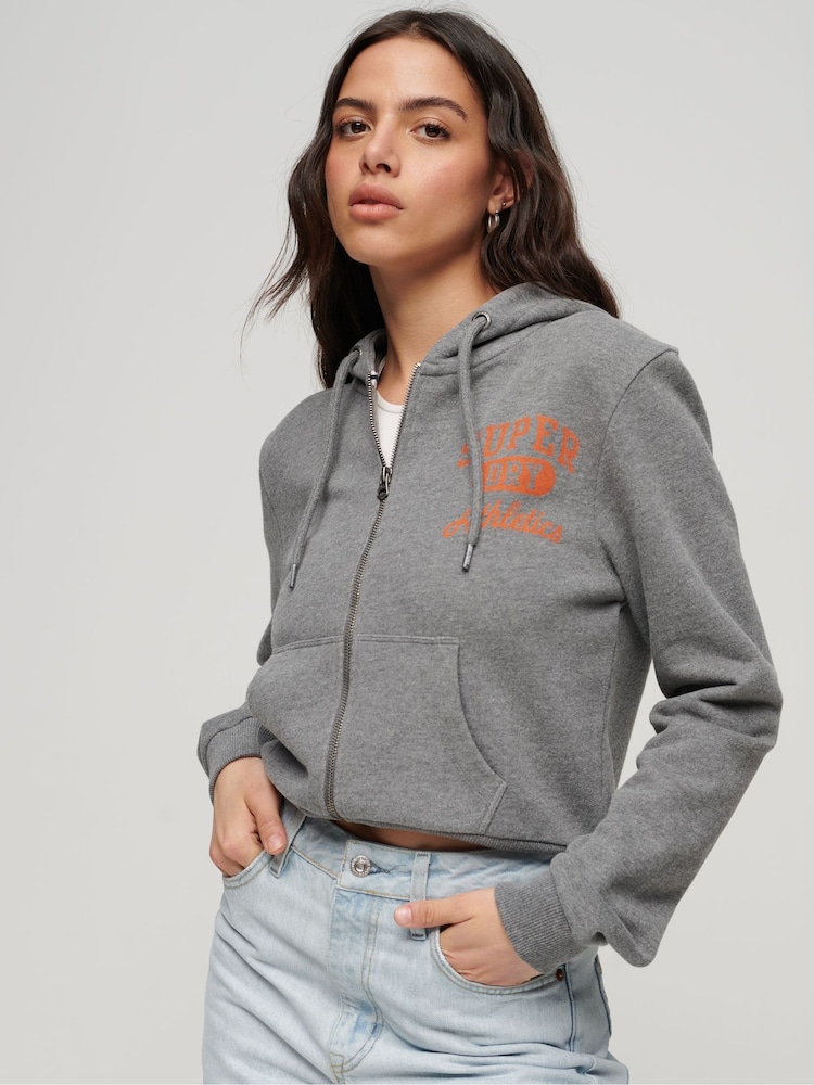 Superdry Grey 100% Cotton Athletic Essential Crop Zip Hoodie - Image 1 of 3