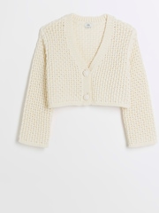 River Island Cream Girls Ecru Crochet 100% Cotton Crop Cardigan - Image 1 of 3
