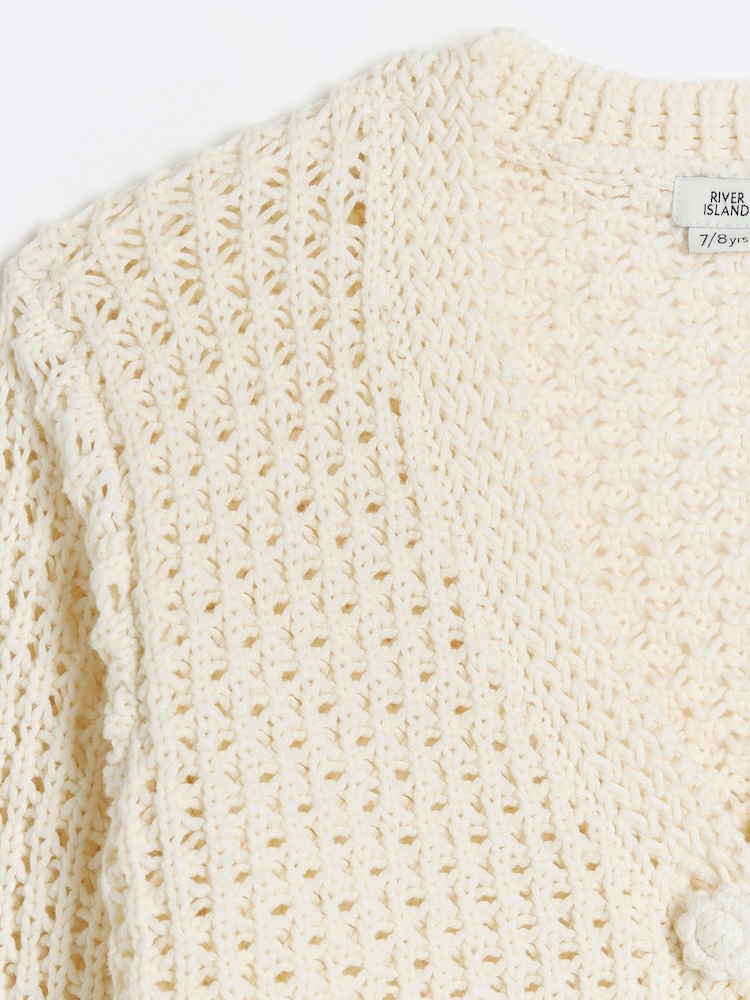 River Island Cream Girls Ecru Crochet 100% Cotton Crop Cardigan - Image 2 of 3