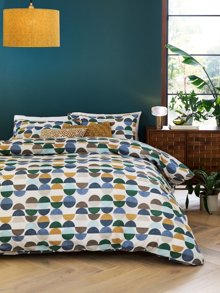 2 Pack Blue/Green Retro Circle Reversible Duvet Cover and Pillowcase Set - Image 2 of 8