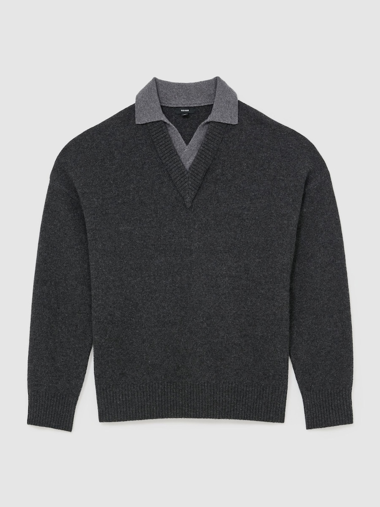 Reiss Charcoal Grey Corey Wool V-Neck Contrast-Collar Jumper - Image 2 of 6 Reiss Charcoal Grey Corey Wool V-Neck Contrast-Collar Jumper - Image 2 of 6