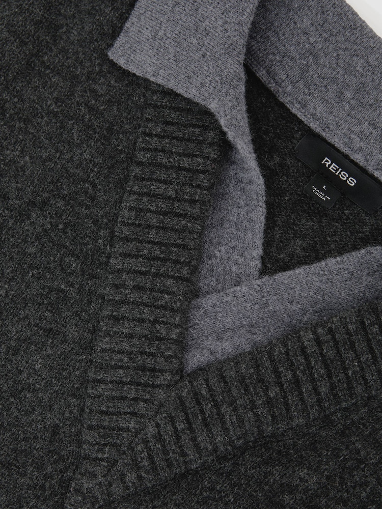Reiss Charcoal Grey Corey Wool V-Neck Contrast-Collar Jumper - Image 6 of 6 Reiss Charcoal Grey Corey Wool V-Neck Contrast-Collar Jumper - Image 6 of 6