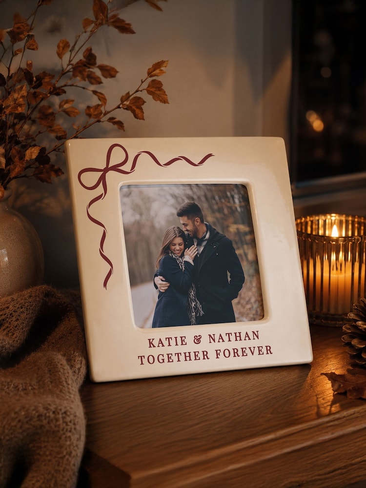 Personalised Bow Ceramic 4x4 Photo Frame by PMC - Image 1 of 2 Personalised Bow Ceramic 4x4 Photo Frame by PMC - Image 1 of 2