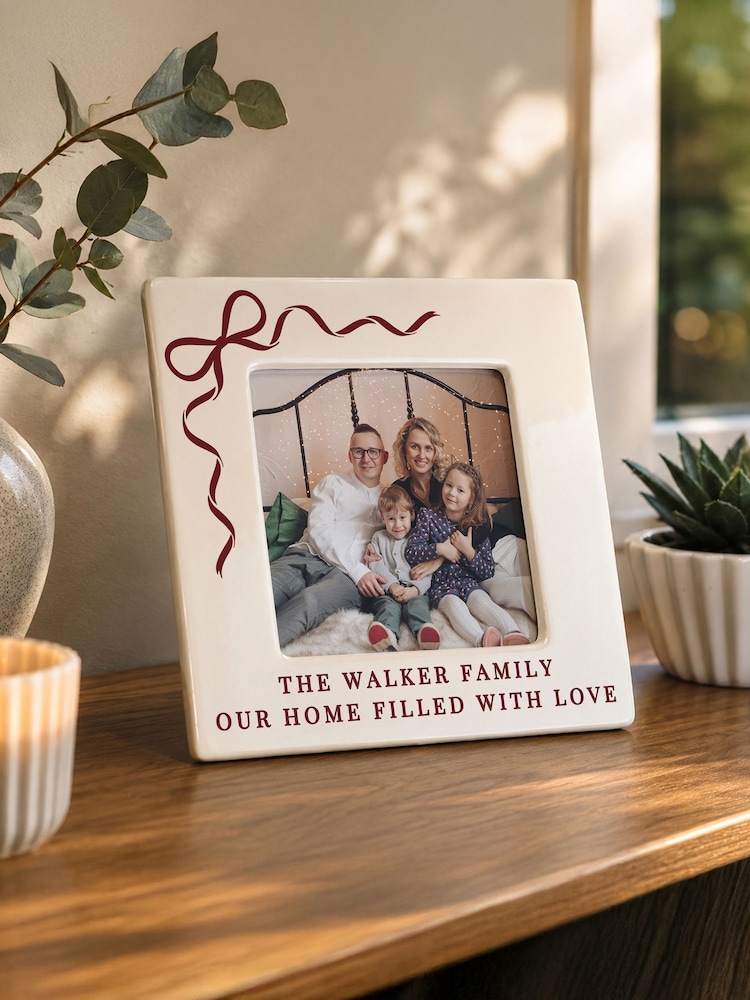 Personalised Bow Ceramic 4x4 Photo Frame by PMC - Image 2 of 2 Personalised Bow Ceramic 4x4 Photo Frame by PMC - Image 2 of 2