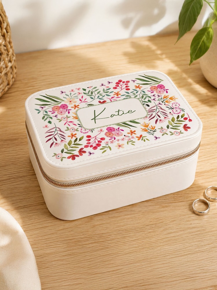 Personalised Floral Framed Leather Jewellery Box by PMC - Image 1 of 4 Personalised Floral Framed Leather Jewellery Box by PMC - Image 1 of 4