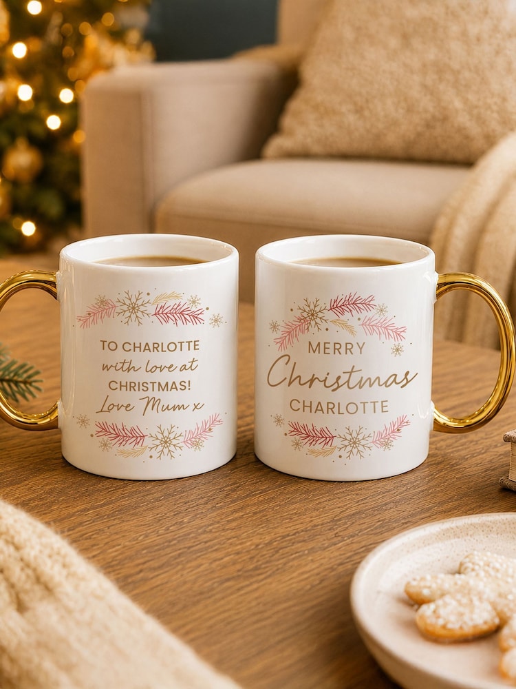 Personalised Wreath Gold Handled Mug by PMC - Image 1 of 2 Personalised Wreath Gold Handled Mug by PMC - Image 1 of 2