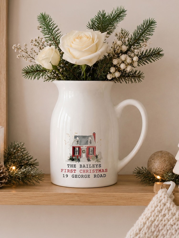 Personalised Christmas House Ceramic Jug Vase by PMC - Image 1 of 3 Personalised Christmas House Ceramic Jug Vase by PMC - Image 1 of 3