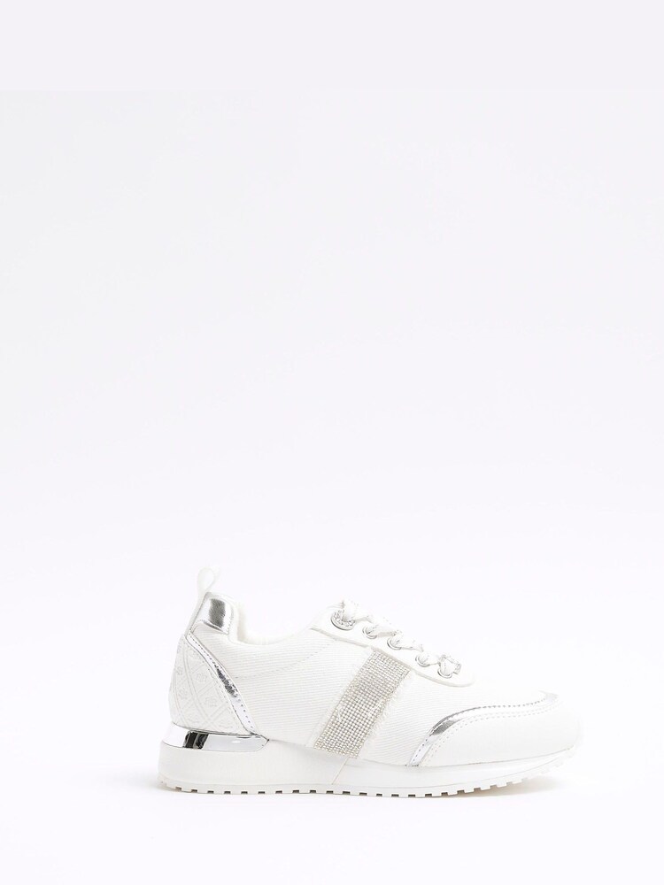 River Island White Girls Denim Diamonte Trainers - Image 1 of 4
