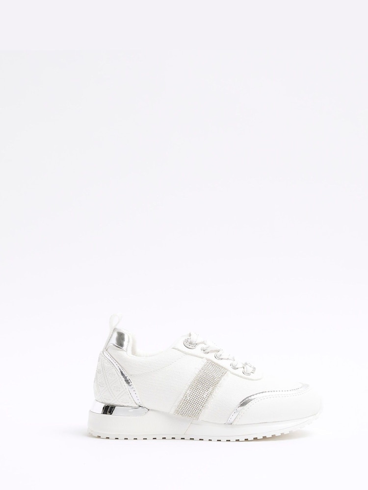 River Island White Girls Denim Diamonte Trainers - Image 1 of 4 River Island White Girls Denim Diamonte Trainers - Image 1 of 4