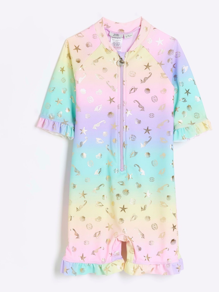 River Island Purple Girls Rainbow Shell Rashsuit - Image 1 of 4 River Island Purple Girls Rainbow Shell Rashsuit - Image 1 of 4