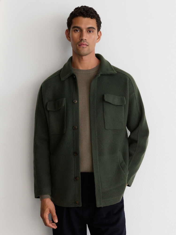 Reiss Forest Green Lockwood Boiled Wool Twin-Pocket Overshirt - Image 1 of 8
