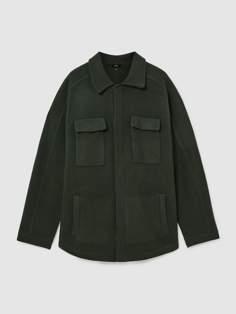 Reiss Forest Green Lockwood Boiled Wool Twin-Pocket Overshirt - Image 2 of 8