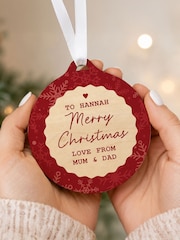 Personalised Scallop Trim Wooden Bauble by PMC - Image 1 of 2