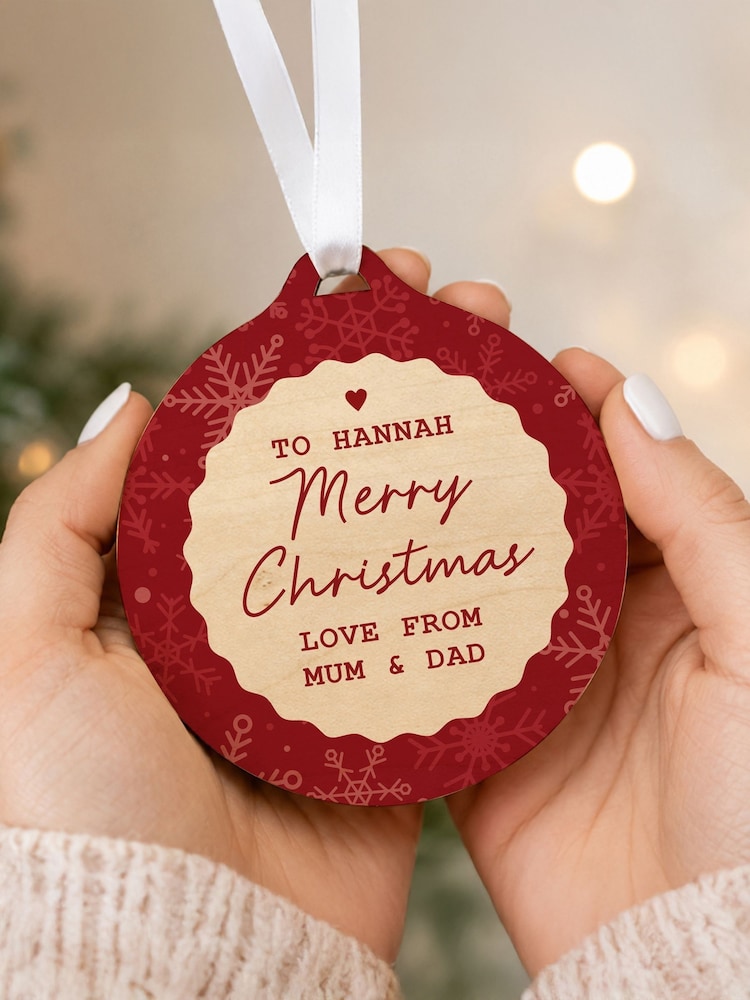 Personalised Scallop Trim Wooden Bauble by PMC - Image 1 of 2 Personalised Scallop Trim Wooden Bauble by PMC - Image 1 of 2