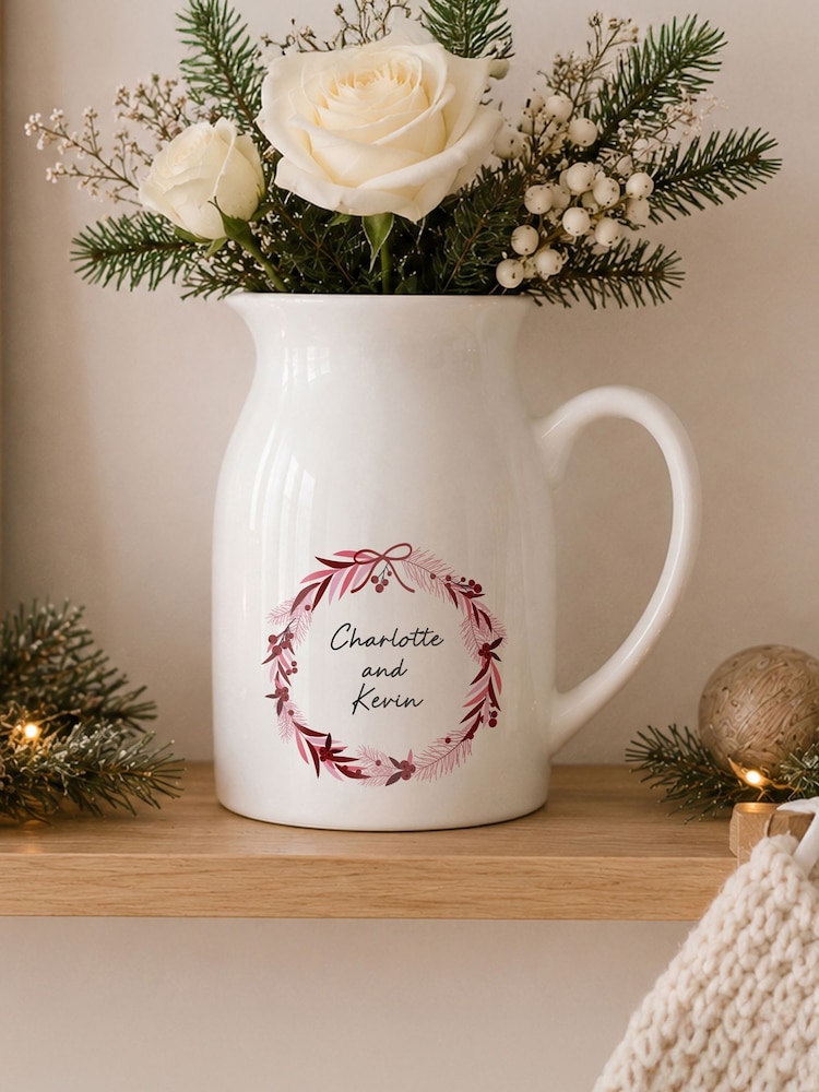 Personalised Christmas Wreath Ceramic Jug Vase by PMC - Image 1 of 3 Personalised Christmas Wreath Ceramic Jug Vase by PMC - Image 1 of 3