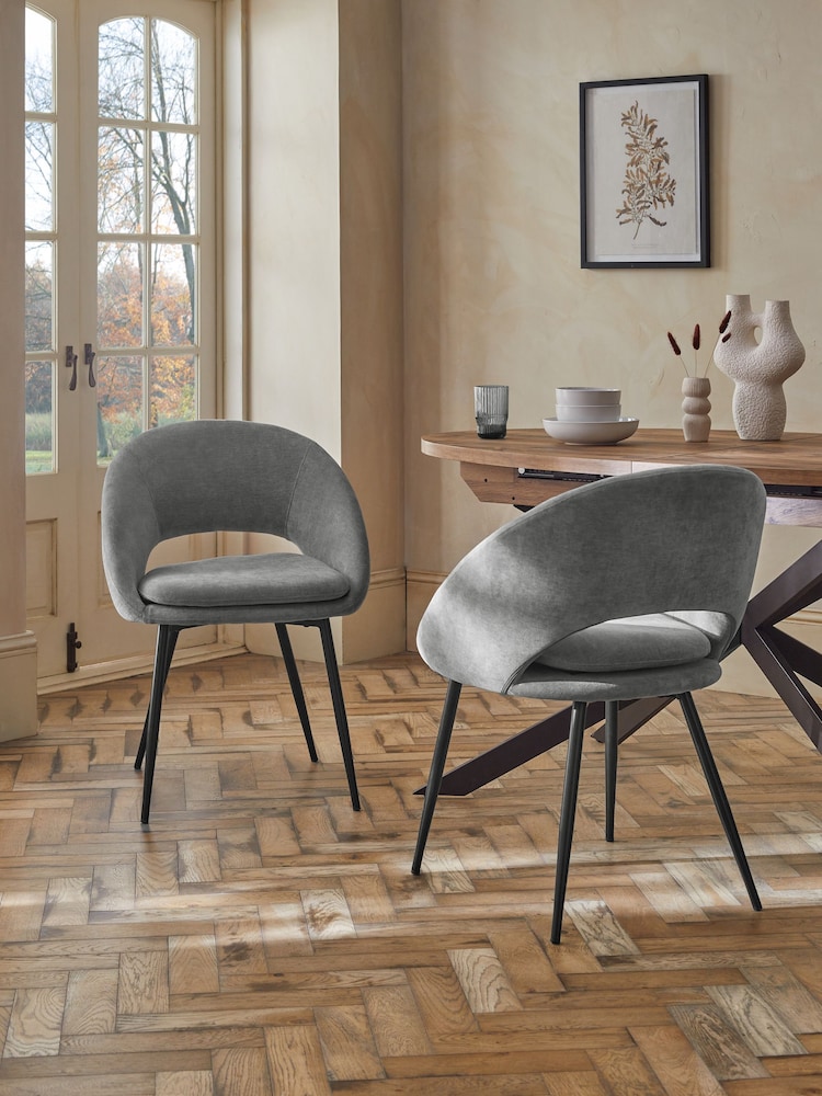 Set of 2 Fine Chenille Mid Grey Hewitt Upholstered Black Leg Dining Chairs - Image 1 of 8