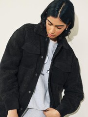 Schwarz - Cordjacke mit Teddyfleece und Taschendetail - Bild 3 von 7