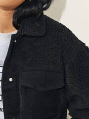 Schwarz - Cordjacke mit Teddyfleece und Taschendetail - Bild 5 von 7