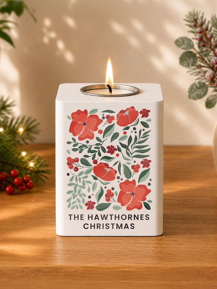 Personalised Poinsettia Wooden Tealight Holder by PMC - Image 1 of 2