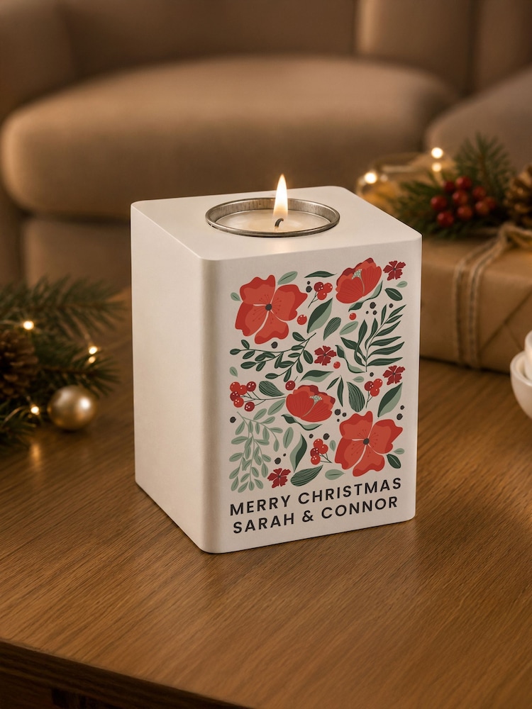 Personalised Poinsettia Wooden Tealight Holder by PMC - Image 2 of 2