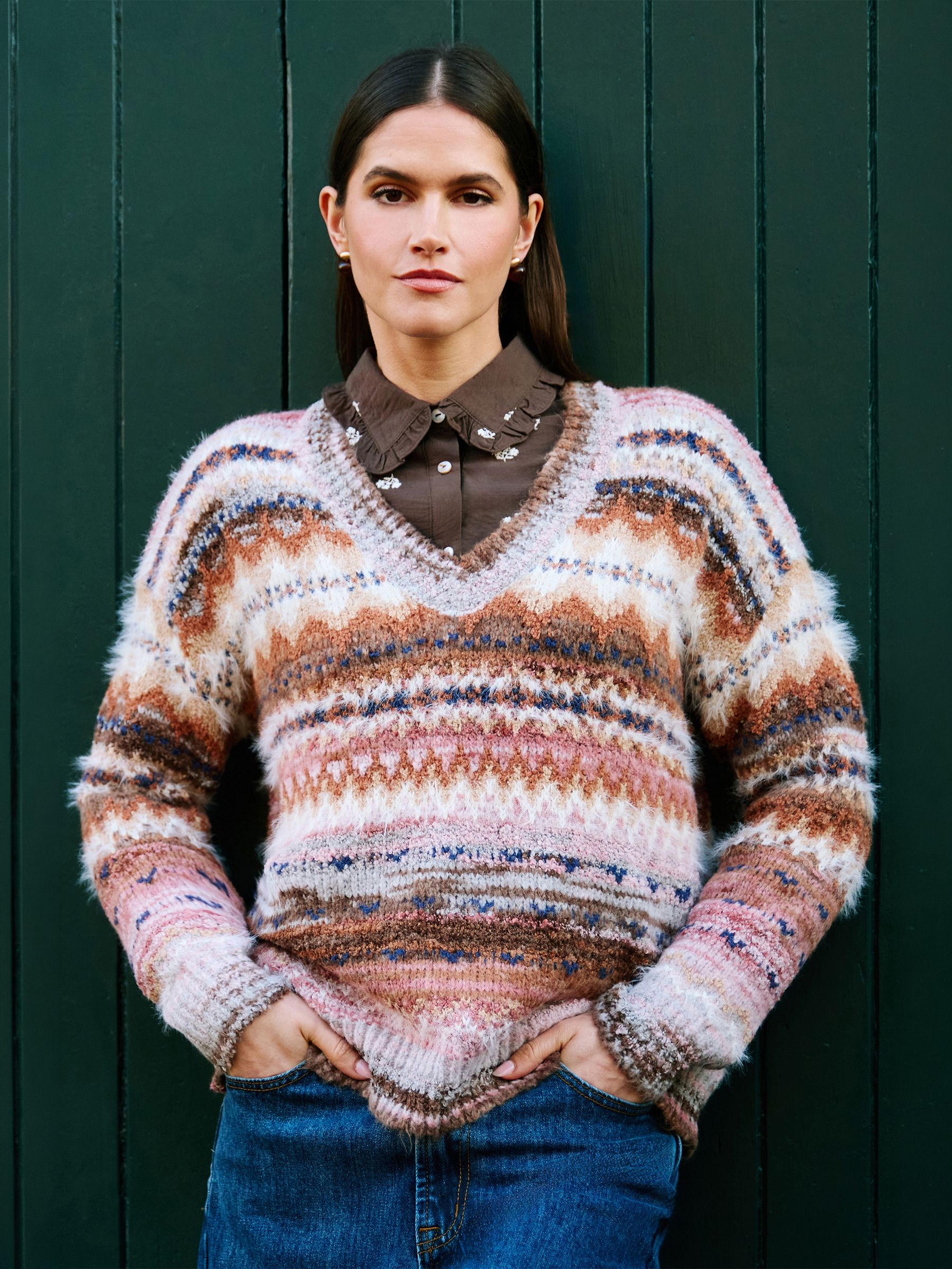 Yumi Women's Light Brown Fairisle Relaxed Boucle Jumper In | : Large - Image 1