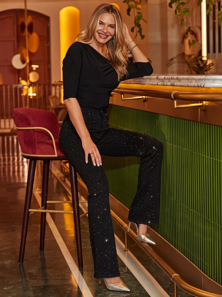 Sosandar Black Sparkling Embellished Kick Flare Jeans - Image 5 of 5 Sosandar Black Sparkling Embellished Kick Flare Jeans - Image 5 of 5