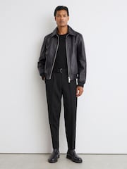 Reiss Black Strap Tailored Fit Wool-Blend Belted Pleated Trousers - Image 1 of 9