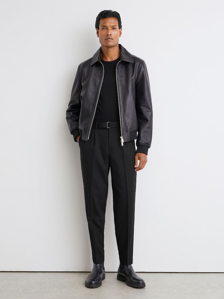 Reiss Black Strap Tailored Fit Wool-Blend Belted Pleated Trousers - Image 1 of 9 Reiss Black Strap Tailored Fit Wool-Blend Belted Pleated Trousers - Image 1 of 9