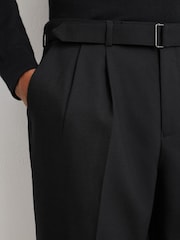 Reiss Black Strap Tailored Fit Wool-Blend Belted Pleated Trousers - Image 4 of 9
