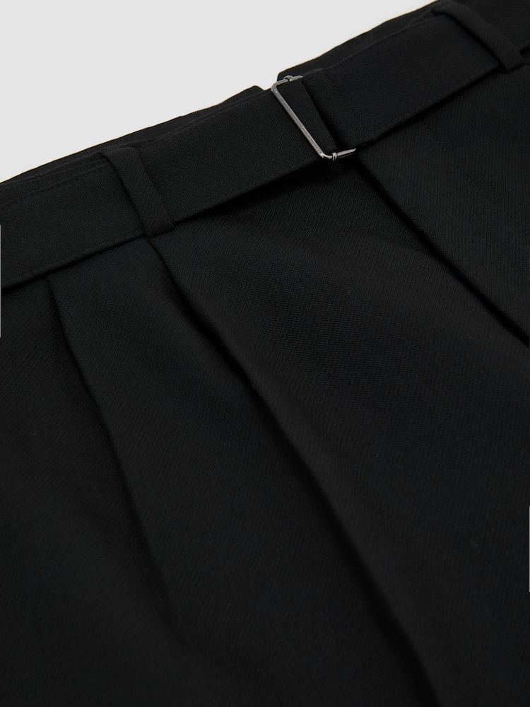 Reiss Black Strap Tailored Fit Wool-Blend Belted Pleated Trousers - Image 9 of 9 Reiss Black Strap Tailored Fit Wool-Blend Belted Pleated Trousers - Image 9 of 9