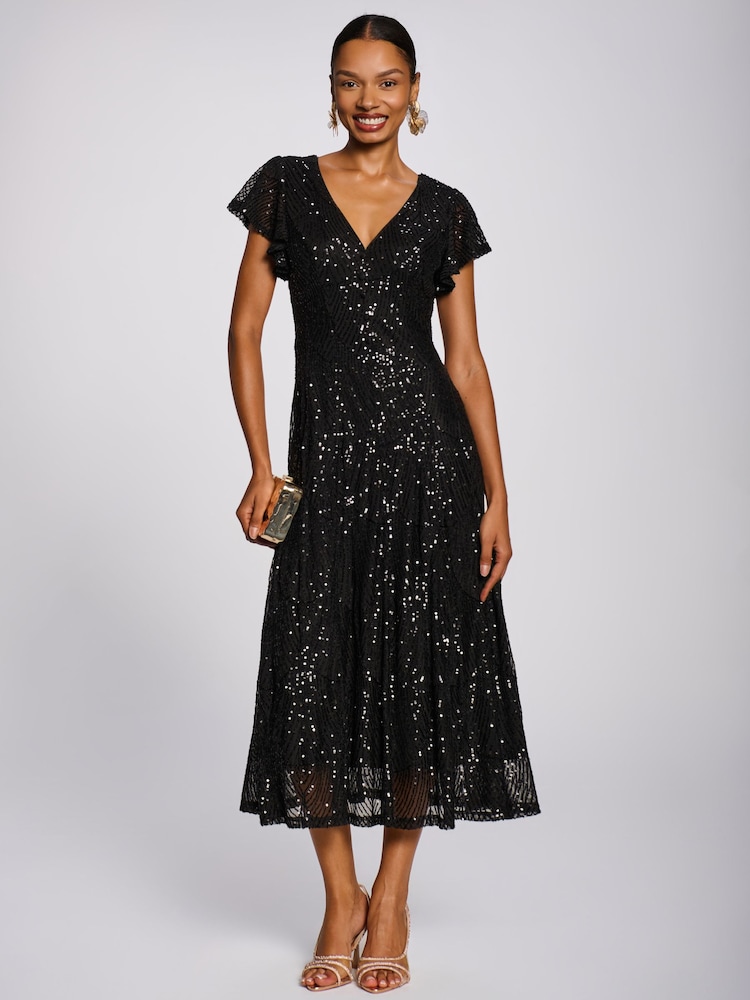 Jolie Moi Black Sequin V-Neck Fit & Flare Maxi Dress - Image 1 of 6 Jolie Moi Black Sequin V-Neck Fit & Flare Maxi Dress - Image 1 of 6
