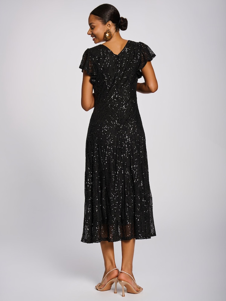 Jolie Moi Black Sequin V-Neck Fit & Flare Maxi Dress - Image 2 of 6 Jolie Moi Black Sequin V-Neck Fit & Flare Maxi Dress - Image 2 of 6